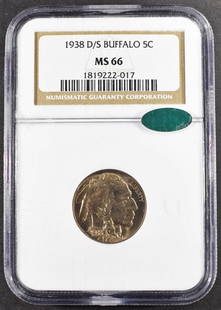 1938-D/S BUFFALO NICKEL NGC MS66 CAC: BID WITH SILVER CITY AUCTIONS ESTIMATE $250 - $300.