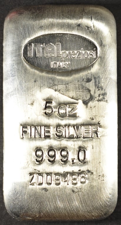 (1) 5 OZ .999 SILVER ITALIPREZIOSI BAR: WEEKLY COIN & CURRENCY AUCTIONS ESTIMATE $250 - $300.