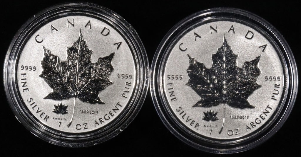 (2) 1 OZ .999 SILVER 2017 CAN MAPLE ROUNDS: TOP RATED AUCTION HOUSE ESTIMATE $120 - $170.