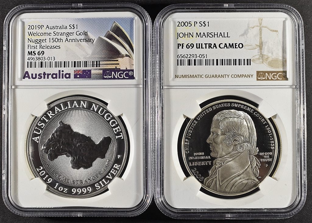 Silver Collector's Lot: 2019P Australian $1 MS69. 2005 John Marshall $1 PF69UC ESTIMATE $60 - $80.