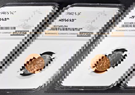 1946-S & 1947-S LINCOLN CENTS NGC MS-66 RD: ESTIMATE $100 - $130