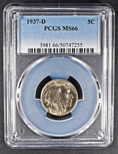 1937-D BUFFALO NICKEL PCGS MS-66: LEADERS IN ON-LINE AUCTIONS ESTIMATE $150 - $200.