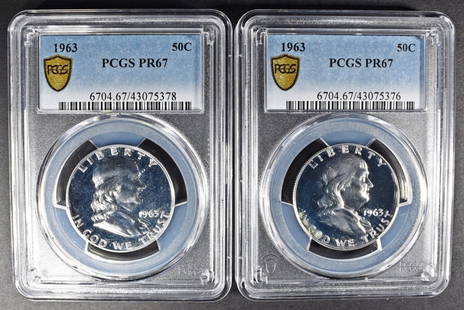 (2) 1963 FRANKLIN HALF DOLLARS PCGS PR-67: WEEKLY COIN & CURRENCY AUCTIONS ESTIMATE $130 - $150.