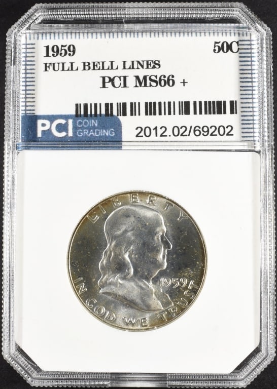 1959 FRANKLIN HALF DOLLAR PCI GEM BU FBL: BID WITH SILVER CITY AUCTIONS ESTIMATE $400 - $500.
