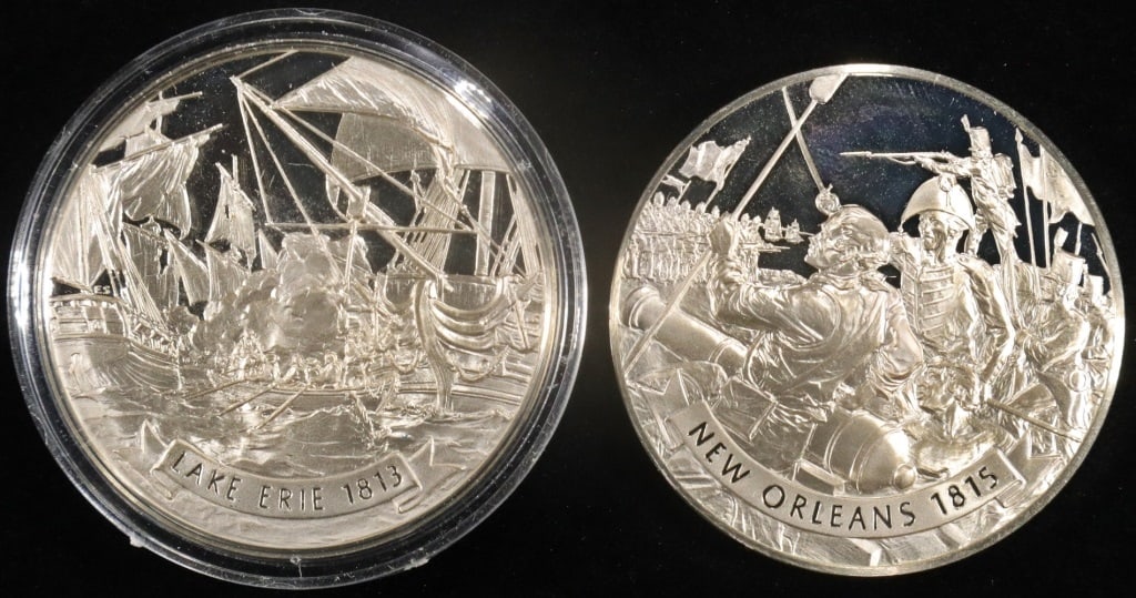 (2) 1 OZ .925 STER SILV PROOF MEDALS: 1813 LAKE ERIE & 1815 NEW ORLEANS ESTIMATE $120 - $170.