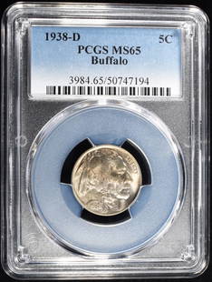 1938-D BUFFALO NICKEL PCGS MS-65: WEEKLY COIN & CURRENCY AUCTIONS ESTIMATE $60 - $80.
