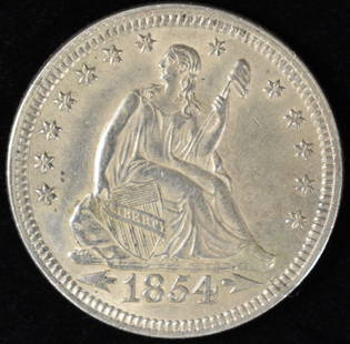 1854 SEATED LIBERTY QUARTER AU: WEEKLY COIN & CURRENCY AUCTIONS ESTIMATE $250 - $300.