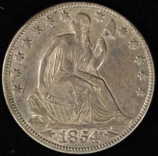 1845-O SEATED LIBERTY HALF DOLLAR AU: BID WITH SILVER CITY AUCTIONS ESTIMATE $250 - $300.