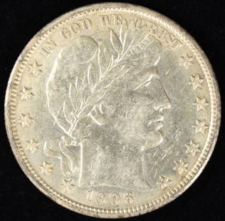 1906-D BARBER HALF DOLLAR AU CLEANED: TOP RATED AUCTION HOUSE ESTIMATE $250 - $300.
