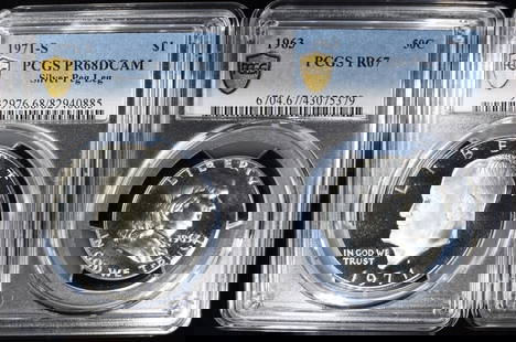 1963 FRANKLIN PR-67 & 1971-S SILVER IKE PR-68 DCAM: IKE IS PEG LEG VARIETY. BOTH PCGS GRADED. ESTIMATE $60 - $80.