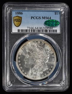 1886 MORGAN DOLLAR PCGS MS-64 CAC: LEADERS IN ON-LINE AUCTIONS ESTIMATE $130 - $150.