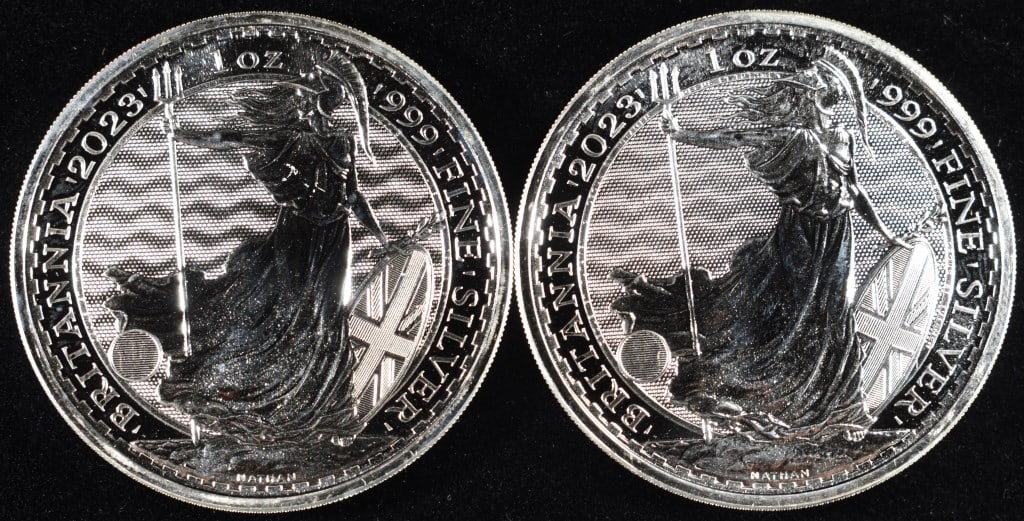(2) 1 OZ .999 SILVER 2023 BRITANNIA ROUNDS: LEADERS IN ON-LINE AUCTIONS ESTIMATE $140 - $190.