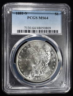 1881-S MORGAN DOLLAR PCGS MS-64: LEADERS IN ON-LINE AUCTIONS ESTIMATE $130 - $150.