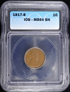 1917-S LINCOLN CENT ICG MS-64 BN: LEADERS IN ON-LINE AUCTIONS ESTIMATE $200 - $250.