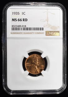 1935 LINCOLN CENT MS66RD NGC: BID WITH SILVER CITY AUCTIONS ESTIMATE $75 - $100.