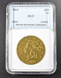 1858-S $20 GOLD LIBERTY NNC BU