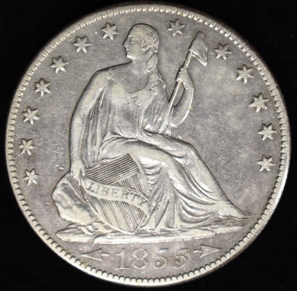 1855-O ARROWS SEATED LIBERTY HALF DOLLAR AU: ESTIMATE $230 - $280.