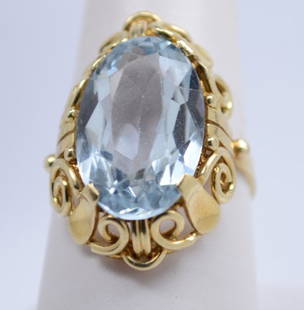 BEAUTIFUL 14K AQUAMARINE COLORED STONE RING. 11MM X: 11MM X 17.08 MM SIZE 8 This came from an estate that had been locked away in the bank for many years and goes with the necklace in Lot #7. This is a fabulous ring, very high quality. The stone is