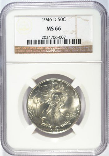 1946 WALKING LIBERTY HALF DOLLAR, NGC MS-66 SUPERB: ESTIMATE, $225.00 TO $250.00 LOTS WON WILL BE BILLED TO YOUR CREDIT CARD ON FILE UNLESS OTHER PAYMENT ARRANGEMENTS ARE MADE PRIOR TO RECEIVING INVOICE