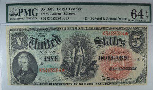 1869 $5 US NOTE PMG 64 EPQ