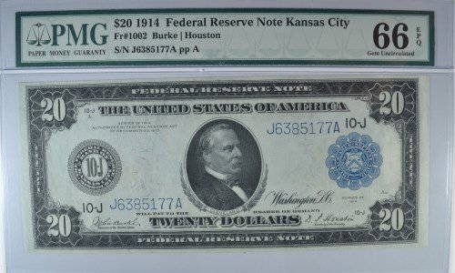 1914 $20 FEDERAL RESERVE NOTE PMG 66 EPQ: EST 1500.00-1700.00 .