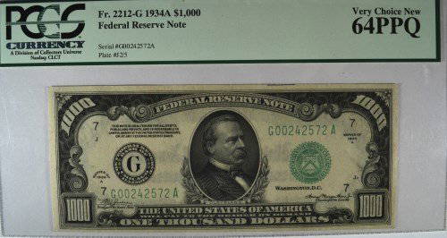 1934 A $1000 FEDERAL RESERVE NOTE PCGS 64 PPQ: EST 3500.00-3700.00 .