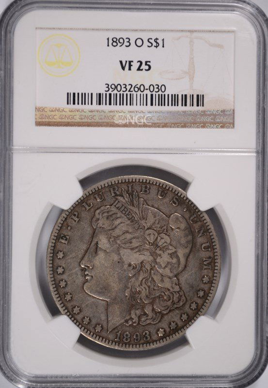 1893-O MORGAN DOLLAR NGC VF-25: ESTIMATE $350 - $410. SILVERTOWNE AUCTIONS IS KNOWN FOR QUALITY & SERVICE. REGISTER TO BID!