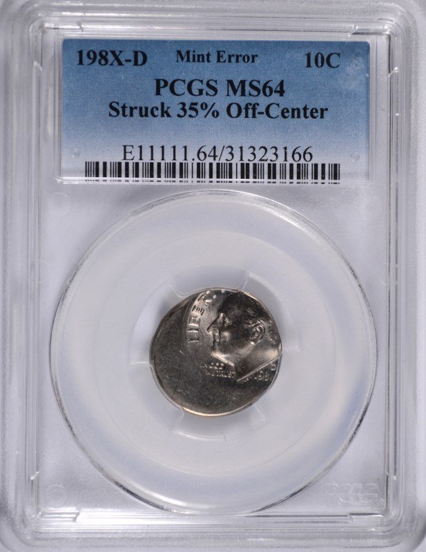 198X-D ROOSEVELT DIME, MINT ERROR ( STRUCK 35% OFF: ESTIMATE, $500.00 TO $600.00 Silvertowne is rated as a top auction company because of its expert and accurate grading of coins and currency
