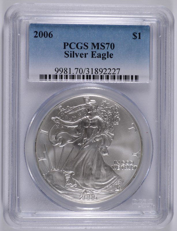 2006 AMERICAN SILVER EAGLE, PCGS MS-70 PERFECT!: ESTIMATE, $275.00 TO $325.00 Bid with confidence at Silvertowne Auctions. One of the internet’s leading Auction Houses.