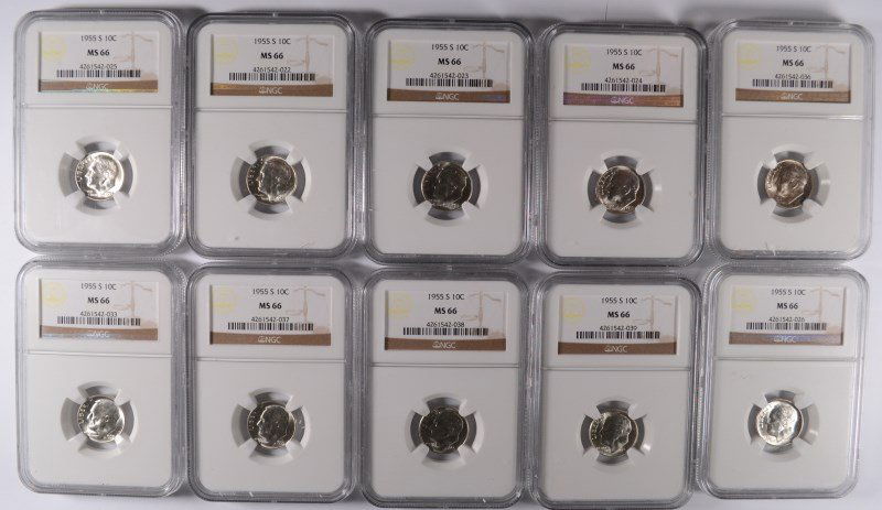 LOT OF ( 10 ) 1955-S ROOSEVELT DIMES, NGC MS-66: ESTIMATE, $280.00 TO $300.00 Bid with confidence at Silvertowne Auctions. One of the internet’s leading Auction Houses.