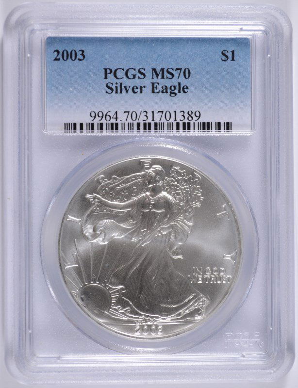 2003 AMERICAN SILVER EAGLE, PCGS MS-70! PERFECT!: ESTIMATE, $375.00 TO $425.00 Silvertowne Auctions is known for Quality & Service. Be sure to register to bid
