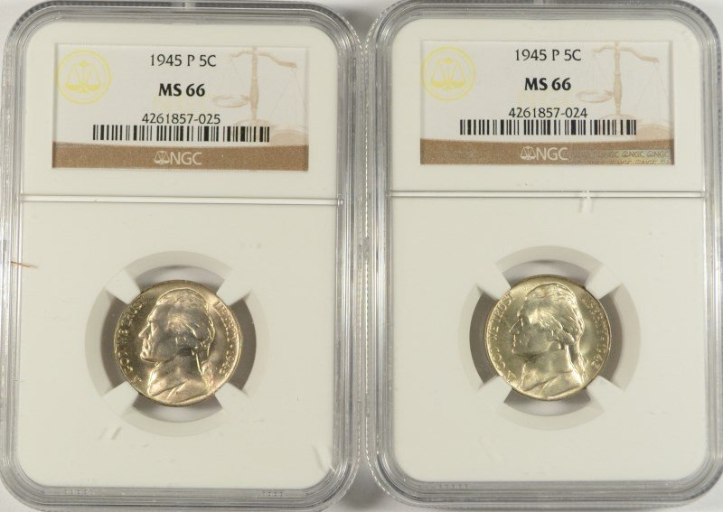 LOT OF ( 2 ) 1945-P SILVER JEFFERSON WAR NICKELS, NGC: ESTIMATE, $150.00 TO $175.00 Silvertowne Auctions is known for Quality & Service. Be sure to register to bid