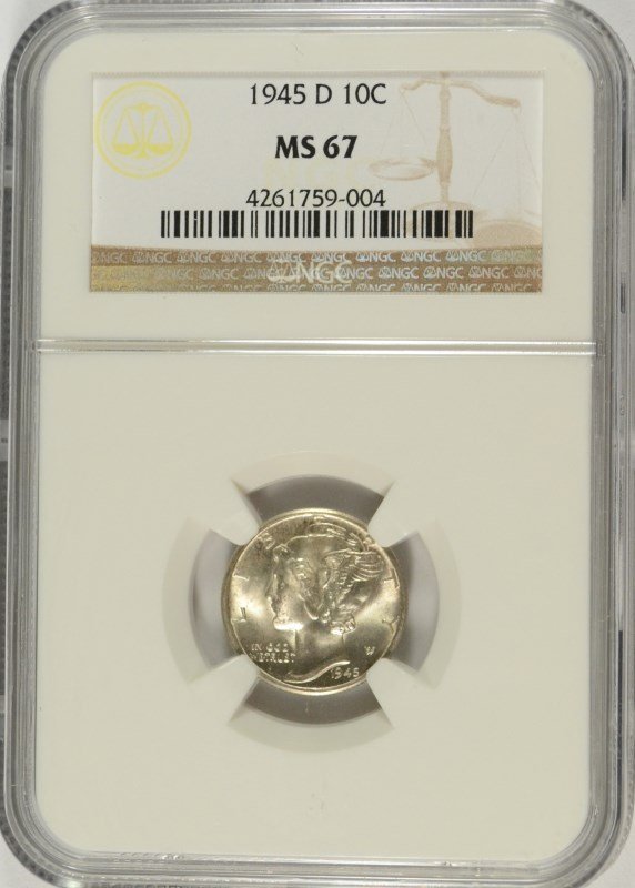 1945-D MERCURY DIME, NGC MS-67: ESTIMATE, $150.00 TO $175.00 Silvertowne Auctions is known for Quality & Service. Be sure to register to bid