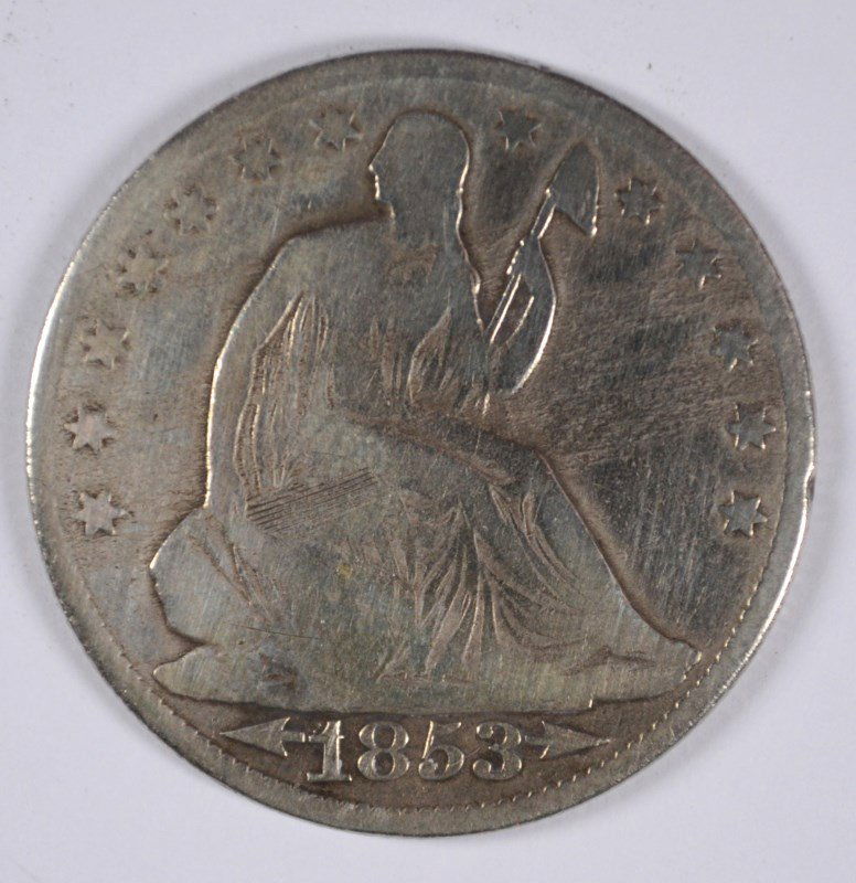 1853-O SEATED HALF DOLLAR AG/G: ESTIMATE $40 - $50. SILVERTOWNE AUCTIONS IS KNOWN FOR QUALITY & SERVICE. REGISTER TO BID!