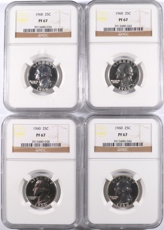 LOT OF ( 4 ) 1960 WASHINGTON QUARTERS, NGC PROOF-67: ESTIMATE, $150.00 TO $175.00 Bid with confidence at Silvertowne Auctions. One of internet’s leading Auction Houses