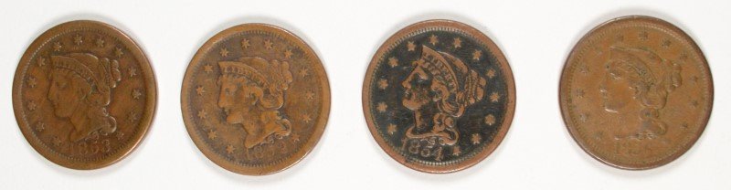 LARGE CENT: 1852 FINE, 1853 VG, 1854 FINE, 1856 VF: EST 95.00-105.00