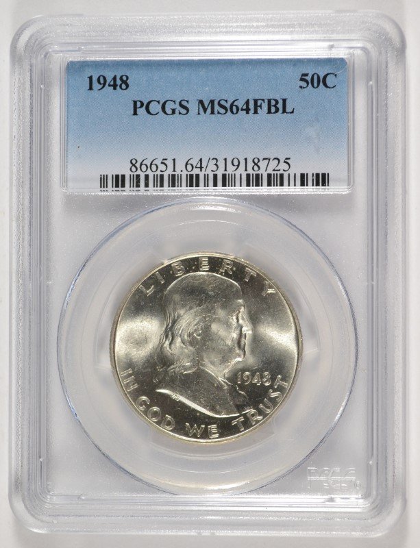 1948 FRANKLIN HALF PCGS MS-64 FBL: ESTIMATE $45 - $55. SILVER TOWNE AUCTIONS IS RANKED ONE OF THE BEST INTERNET AUCTIONS