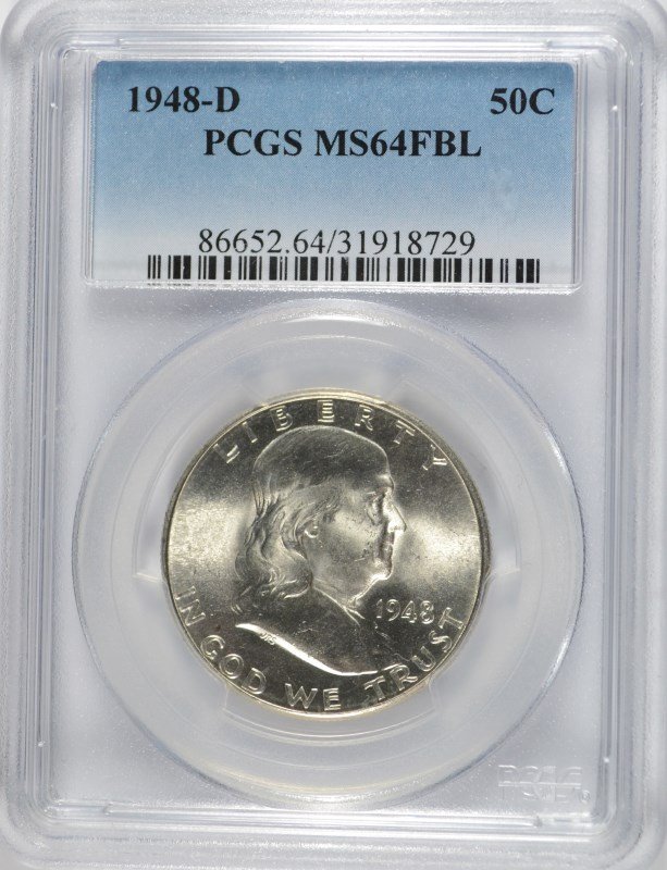 1948-D FRANKLIN HALF PCGS MS-64 FBL: ESTIMATE $45 - $55. SILVER TOWNE AUCTIONS IS RANKED ONE OF THE BEST INTERNET AUCTIONS