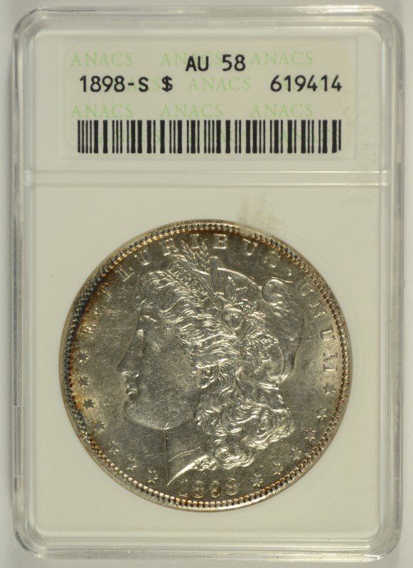 1898-S MORGAN DOLLAR ANACS AU-58: ESTIMATE $200 - $225. SILVER TOWNE AUCTIONS IS RANKED ONE OF THE BEST INTERNET AUCTIONS