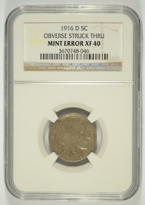 1916-D BUFFALO NICKEL MINT ERROR OBVERSE STRUCK THRU: TOUGH TO FIND! EST $400-$500