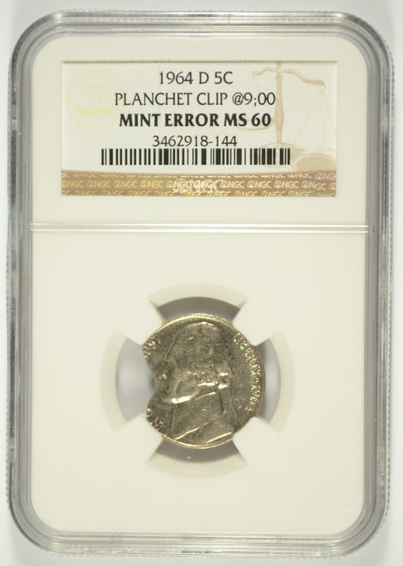 1964-D JEFFERSON NICKEL MINT ERROR NGC MS60 PLANCHET: NOT YOUR TYPICAL CLIP, QUITE UNIQUE, EST $600-$800