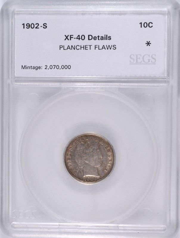 1902-S BARBER DIME, SEGS XF-40 PLANCHET ERROR: ESTIMATE, $125.00 TO $150.00 Silvertowne is rated as a top auction company because of its expert and accurate grading of coins and currency