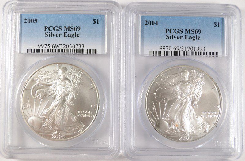 2004 & 2005 AMERICAN SILVER EAGLES, PCGS MS-69 (1 of 4)