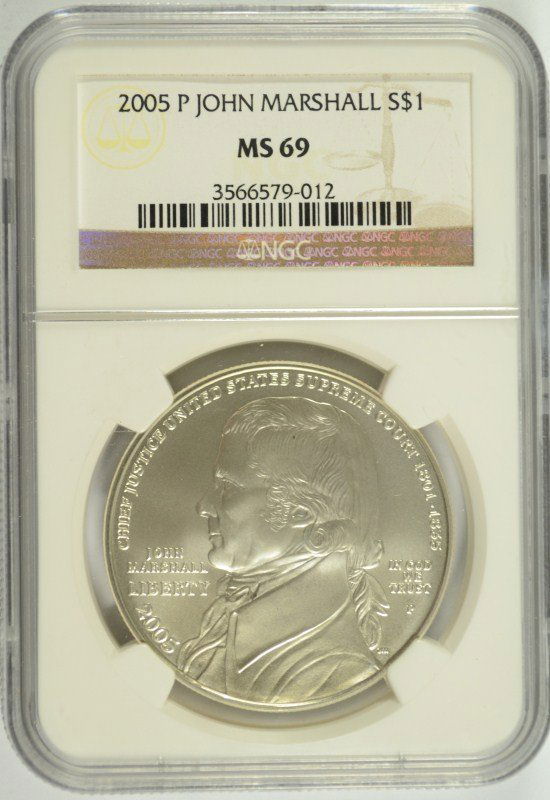 2005 JOHN MARSHALL COMMEN DOLLAR NGC MS-69: ESTIMATE $55 - $70. SILVERTOWNE AUCTIONS IS KNOWN FOR QUALITY & SERVICE. REGISTER TO BID!