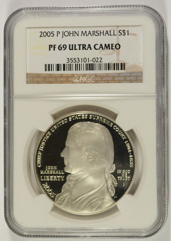 2005 JOHN MARSHALL COMMEN DOLLAR NGC PF-69 UC: ESTIMATE $45 - $60. SILVERTOWNE AUCTIONS IS KNOWN FOR QUALITY & SERVICE. REGISTER TO BID!