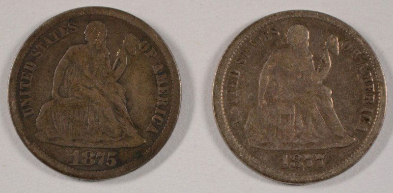 ( 2 ) SEATED DIMES: 1875-CC FINE DETAILS ( DAMAGED ) & (1 of 2)