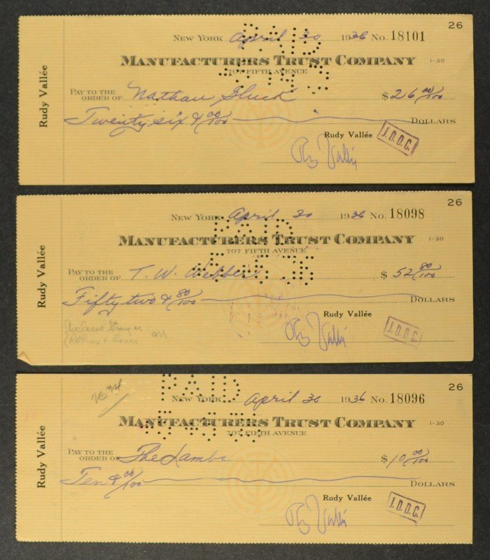 3 - RUDY VALLEE SIGNED BANK CHECKS - 1936 (1 of 2)