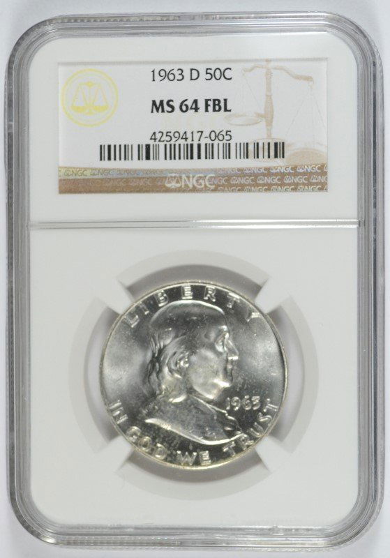 1963-D FRANKLIN HALF DOLLAR, NGC MS-64 FBL (1 of 4)