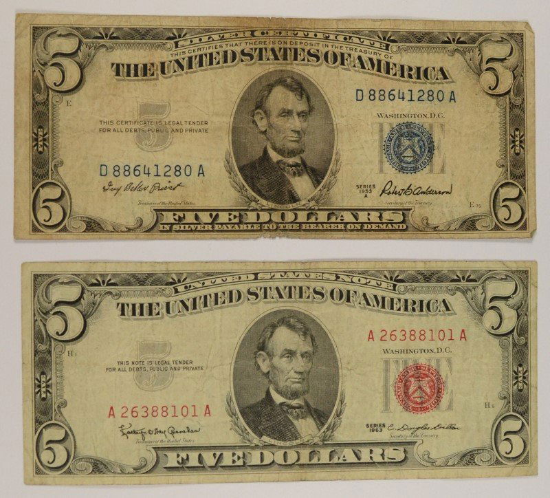1953 $5 SILVER CERTIFICATE (BLUE SEAL) & 1963 $5 US (1 of 2)