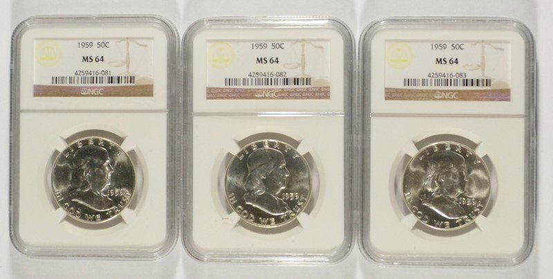 LOT OF ( 3 ) 1959 FRANKLIN HALF DOLLAR, NGC MS-64 (1 of 2)